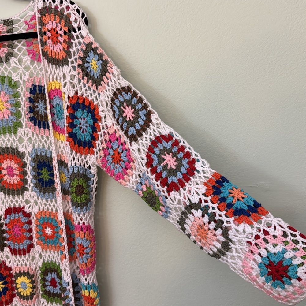 BIBI Handmade Granny Square Crochet Cardigan swim suit coverup long cardigan L - Picture 8 of 12